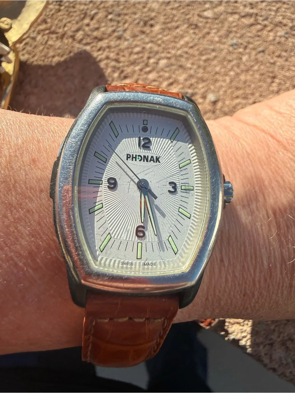 Vintage Phonak Swiss Made Men’s Watch – Brown Leather Strap, Rectangular Case